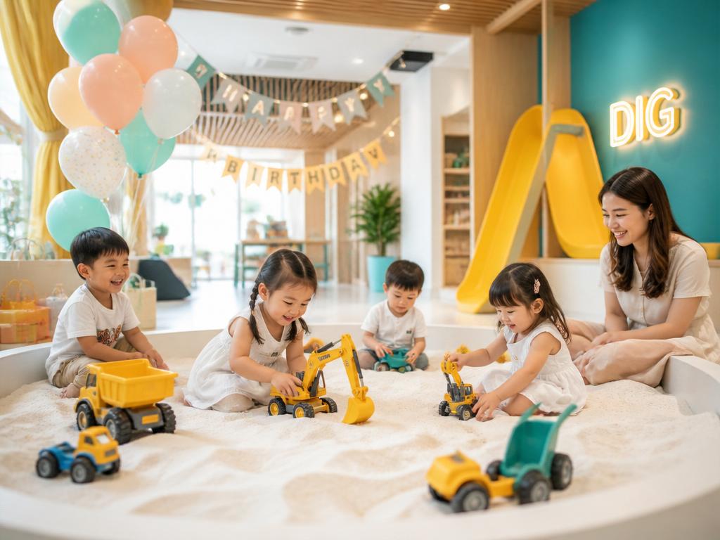 Copii fericiți la o petrecere de ziua de naștere în sandboxul SandScape Iași